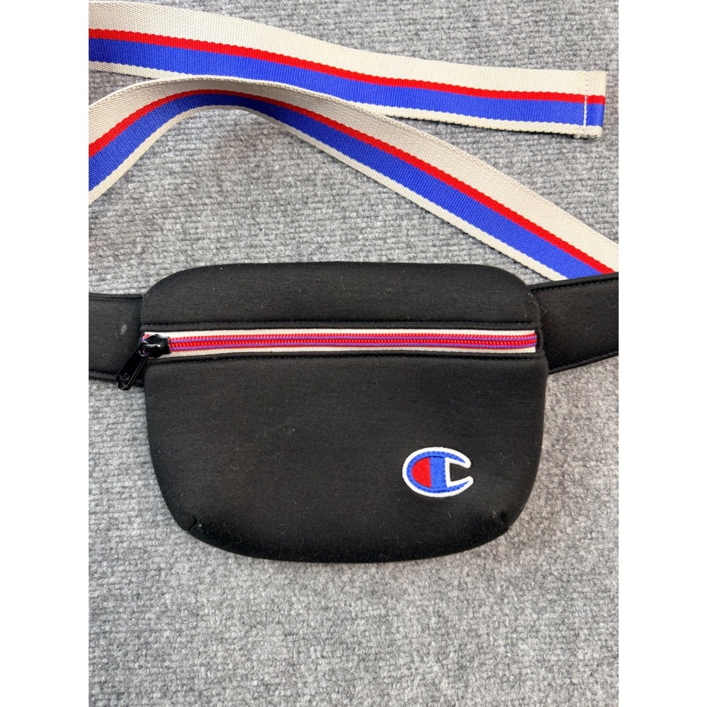 Champion Fanny Pack Black Waist Bag Adjustable Striped Strap Utility Pouch Logo